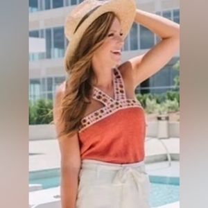 Madewell Knit Tank Top Small Rust Boho Embroidered Strap Sweater Cami Top